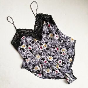 Vintage Delicates Teddy Bodysuit‎ Satin Floral Lace Hi-Leg Black Size S